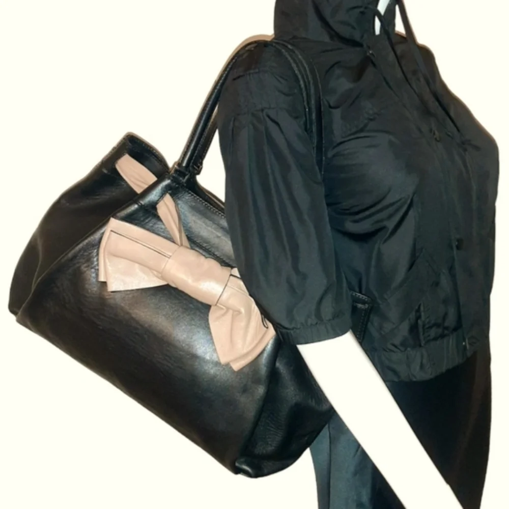 VALENTINO GARAVANI Black Leather Aphrodite Bow Tote w/Belted Tan Leather Bow